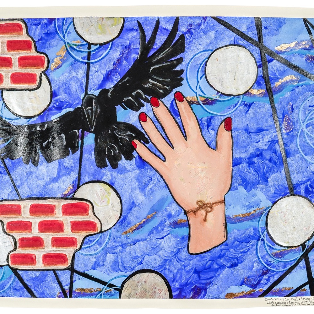 Vibrant Blue and Red Hand-Crow Painting